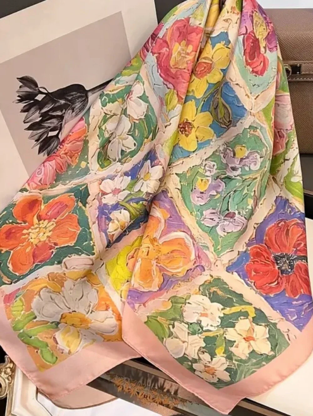 Silk- Feel Floral Multicolor Headscarf Women Head Scatf , Neck Scarf - Picture 3 of 4